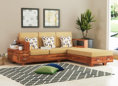 Image of Sheesham Wood 4 Seater L Shape Sofa Set with 2 Drawer Storage | 3+1 Wooden Sofa Set Furniture for Living Room Home Office (L Shape,Honey)