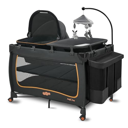 Image of Pamo Babe 6 in 1 Baby Pack and Play with Bassinet - One-Step Setup Travel Crib, Small Portable Playpen for Babies, Portable Baby Bassinet, Changing Table, Toys Bar & Extra Large Storage Bag