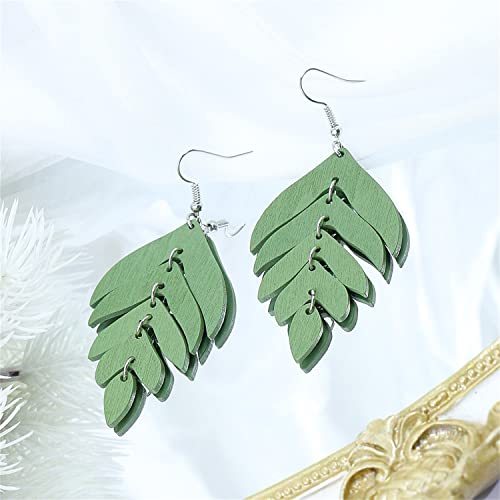 Handmade Lightweight Elegant Wooden Earring For Women - Statement Leaf Drop Dangle Earrings Bohemian Fashion Nature Wood Chain Leaf Earrings For Women Mom Sister Daughter Statement Jewelry Gifts (Green) #TOP2