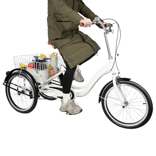 Triciclo adulto de 20 pulgadas, carga pesada, 110 kg, bicicleta de 3 ruedas con cesta grande (44 lbs), marco de acero recubierto de polvo, asiento y manillar ajustables, freno de estacionamiento y luz