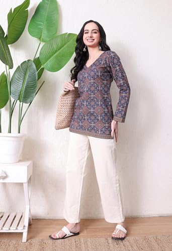 Image of MEERA FAB Women's Floral Printed Cotton Short Top | Ikkat Printed Top Cut Sleeves | Short Kurti for Women