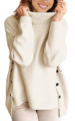 ECOWISH Women Fall Pullover Sweater Turtleneck Plaid Long Sleeve Loose Casual Chunky Checked Knit Winter Sweaters Jumper Tops B-Light Beige XL