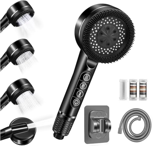 Pommeau deouche Haute Pression, Pommeau Douche Economie Deau 4 Types de Jets Pommeau de Douche Anti Calcaire avec Tuyau Douche 1.5M et Support de Douche, avec...
