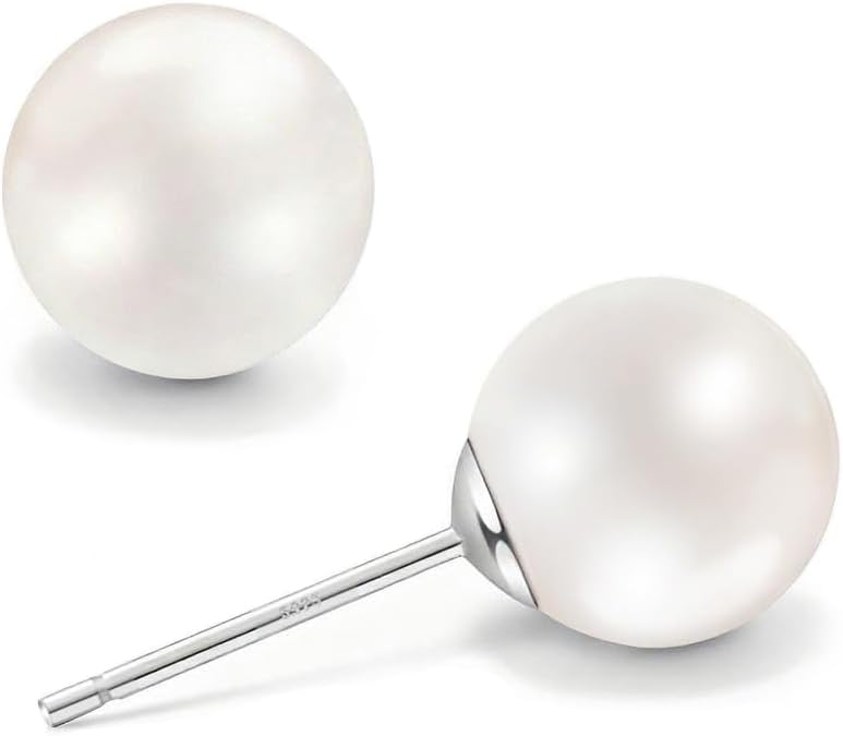 925 Sterling Silver Stud Earring Round Pearl Stud Earrings Set Jewelry for Women, 8MM/10MM/12MM