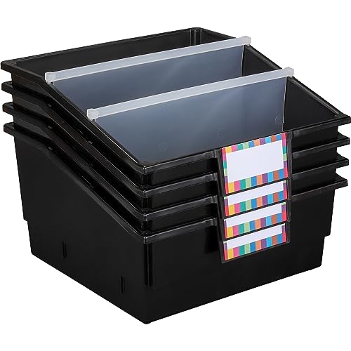 Image of Really Good Stuff Black Picture Book Classroom Library Bins, 4 Pack | 13.5 inch x 13.5 inch x 7.75, Large Plastic Bin Organizers for Book Organization, Documents, Files, Magazines