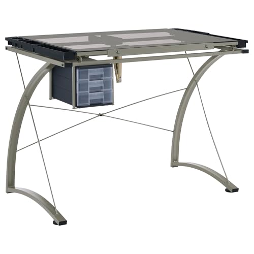 Coaster Home Furnishings - Melo - Metal and Glass - 41-Inch Drafting Table with Adjustable Pitch, Three Drawers, Retractable Pencil Ledge and Storage Compartments - Home Office - Silver - 800986