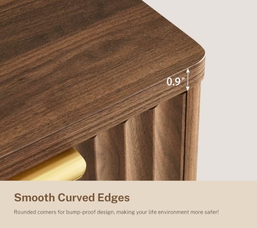 Image of TEENFON Fluted 6 Drawer Dresser for Bedroom, Wide Modern Chest of Drawers with Metal Handle, Curved Profile Design, Wood Closet Clothes Storage Organizer for Bedroom, Hallway, Walnut