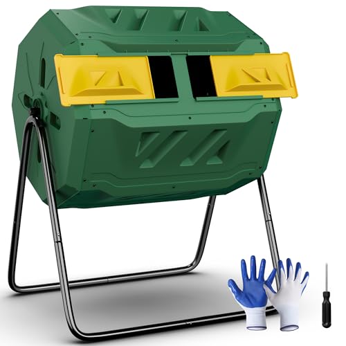 43 Gallon Outdoor Dual Chamber Tumbling Composter - BPA Free, Rotating Compost Bin with Sliding Doors & Steel Frame for Garden/Yard