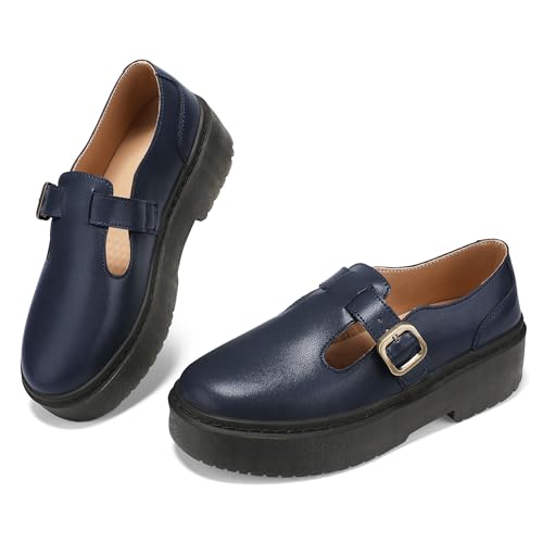 Women's Mary Jane Flats - Comfortable Vintage Style Shoes with Chunky Heel & Adjustable Strap-Fashion Casual Flats for Women