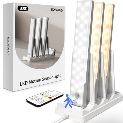 EZVALO 3-Pack Under Cabinet Lighting with Charging Station 1800mAh Rechargeable Wireless Motion Sensor Lights 3 Color Temps Dimmable Timer Magnetic with Remote Control for Kitchen Closet