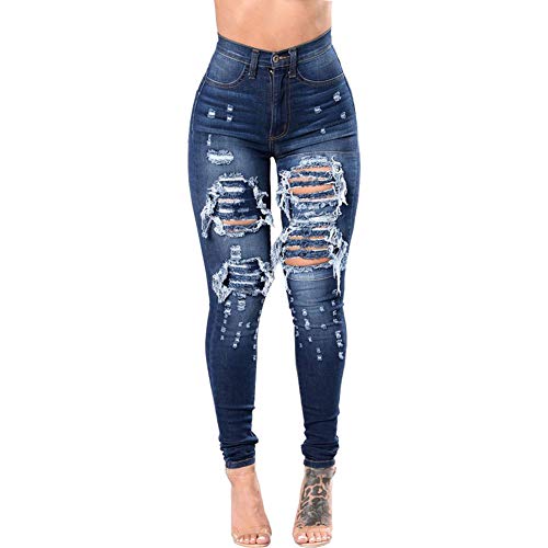 Xgxyklo Damen Zerrissene Denim Jeans Dünne Jeggings Distressed Stretch Jeans,Dark Blue,XXXL Cover