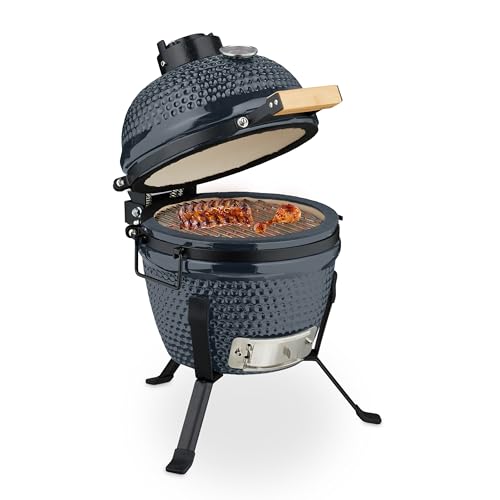 Relaxdays Kamado Grill, Ø 26 cm, Japanischer Keramikgrill mit Thermometer 450°C, Grill, Smoker, Deckel, Grau