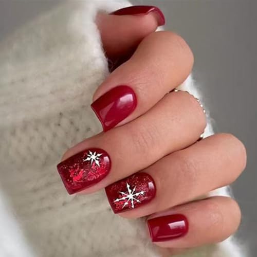 Red Press On Nails, Short and Square nails with Silver Oil Painti...
