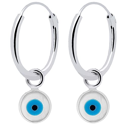 ENTREPLATA Pendientes Ojo Turco Plata de Ley 925. Aros de Plata con Colgante. Originales Pendientes de Aro para Mujer Niña Hombre Niño Unisex. Aretes Criollas con colgante de Ojo Turco