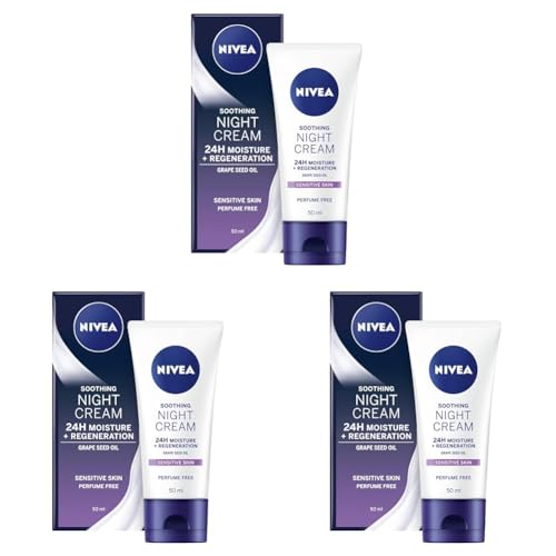 NIVEA Sensitive Night Cream (50 ml), Face Cream for Sensitive Skin with Liquorice Extract and Grape Seed Oil, Regenerating Skin Care (Pack of 3)