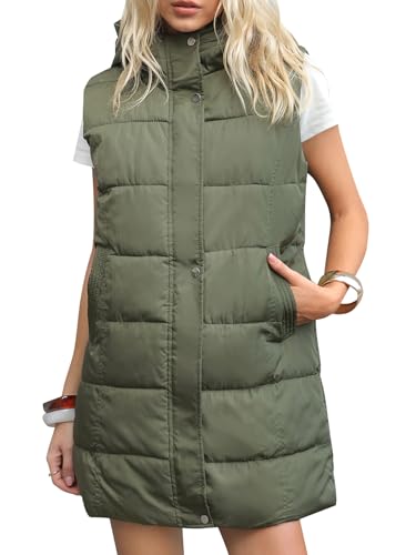 Gihuo Women's Long Puffer Vest Winter Warm Quilted Hooded Zip Up Sleeveless Jacket Vest Gilet (Large, Army green)