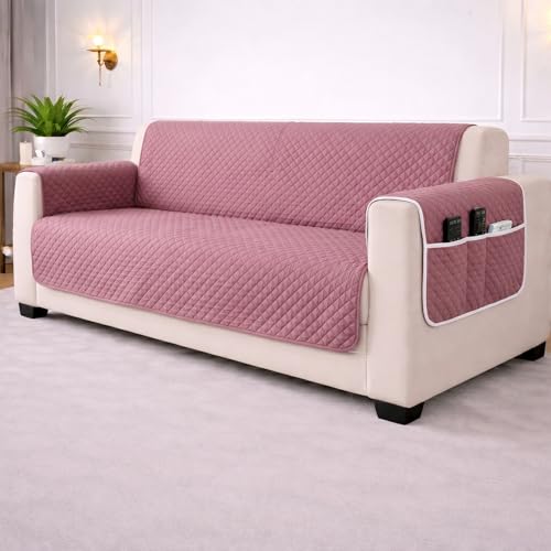 Image of STITCHNEST 'Airsoft Range Series' Solid Quilted Velvet Sofa Cover for 1 Seater | Premium Soft Velvet Sofa Protector | Peach Diamond Quilted Design with Armrest Pockets | Furniture Cover