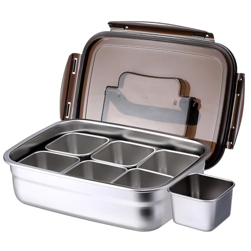 SUMNACON 1 Pc Stainless Steel Snack Tray with 6 Square Removable Compartments, Divided Food Fruit Serving Tray Snack Platter Container with Lid and Handle for Party Picnic