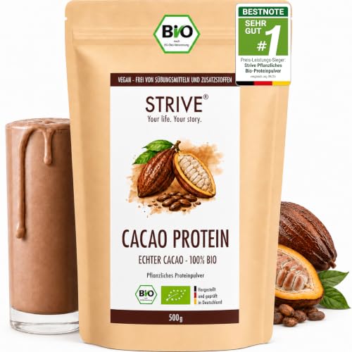 STRIVE CACAO PROTEIN | Vegan | 100% BIO | 500g Natur Eiweiß mit zertifiziertem Bio Kakao | Ohne Süßungsmittel & Aromen | Ohne Soja & Gluten | Mehrkomponenten 4K | Made in Germany DE-ÖKO-039