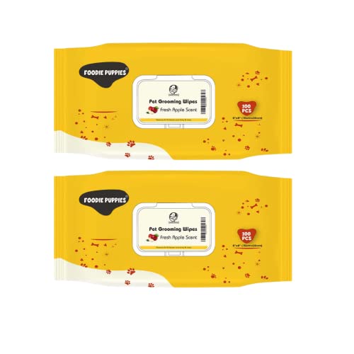 Foodie Puppies Pet Anti-Bacterial 200 Wet Wipes with Fresh Apple Scent for Dogs, Puppies & Pets – (100 Wipes X 2 Pack) | Suitable for All Types of Pets’ Dry Bathing, Daily Care, Paw Cleaning Grooming Wipes