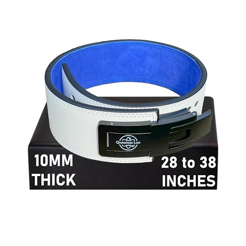 10mm Medium Leather Weight Lifting Belt with Lever Buckle, Adjustable Powerlifting and Weightlifting Belt for Men and Women, Quick-Release Lever, For Squats, Deadlifts, Bodybuilding (White+Blue)