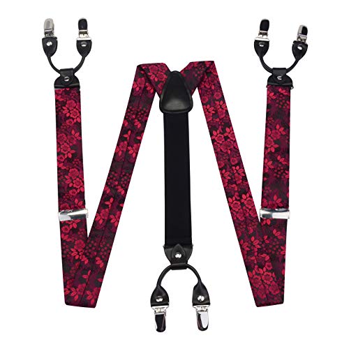 Image of GUSLESON Adjustable Plaid Floral 6 Clips Y Shape Suspenders Pre-tied Bow Tie and Pocket Square Set with Gift Box