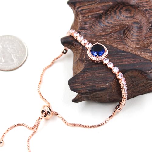 Image of Rose Plated Gold Brass Box Chain Cubic Zirconia Classic Tennis Slider Adjustable Bracelet, Round Big Zircon Charm Give Woman Mom Mother's Day Fashion Crystal Gift