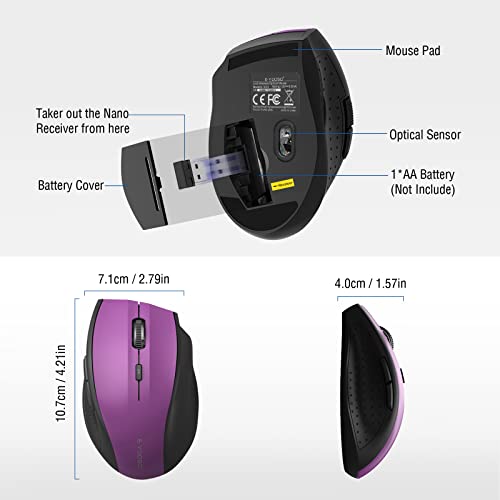 Image of E-YOOSO Wireless Mouse, Computer Mouse 18 Months Battery Life Cordless Mouse, 5-Level 2400 DPI, 6 Button Ergo Wireless Mice, 2.4G Portable USB Wireless Mouse for Laptop, Mac, Chromebook, PC(Purple)