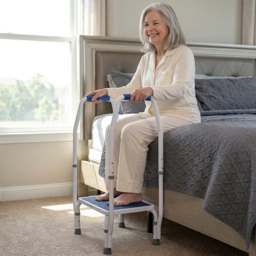 step2bed Mini Step Stool with Handle for Elderly - Adjustable Height for Seniors with Handicap Grab Bars - Use for Bed Bathtub. Stainless Steel Portable Step Stool for Bed (300 LBS Capacity)