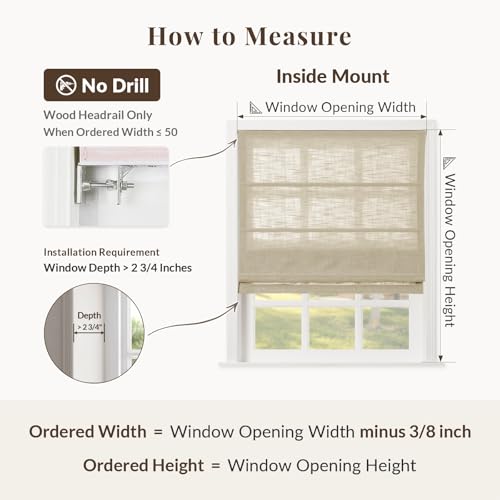 Image of TWOPAGES Liz No Drill Cordless Roman Shades Linen Textured Roman Blinds for Windows, Custom Made Room Darkening Blackout Roman Window Shades, Hardware Included, Light Khaki, 1 Piece