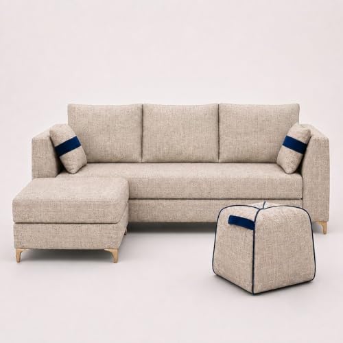 Image of FURNY Signature Cresta 5-Seater L-Shape Sofa Set with Movable Ottoman & Suri Pouf | Flexible LHS /RHS Layout | Boucle Weave Fabric | 40D Foam + Zigzag Spring | 3-Yr Warranty (Sandstone Beige)