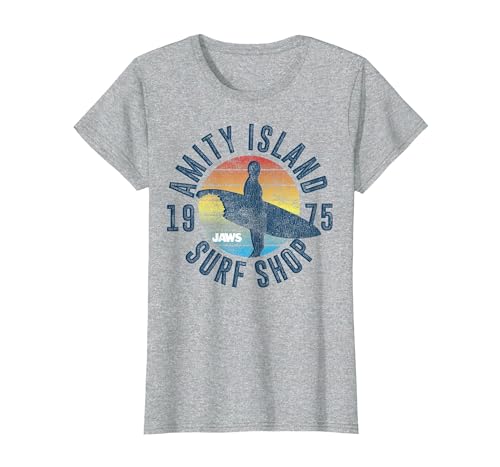 Jaws Amity Island Surf Shop 1975 Retro Logo T-Shirt, Women, Heather Grey, Medium