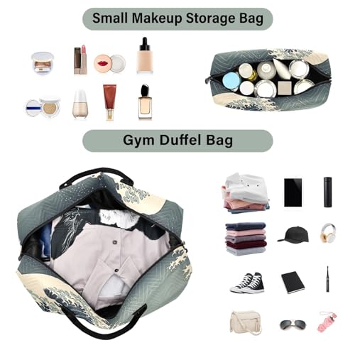 Large Travel Duffel Bag, Blue Waves Sports Tote Gym Bag, Shoulder Weekender Overnight Bag for Women Men, Carry On Luggage with Toiletry Bags4