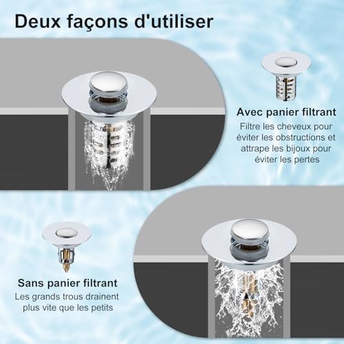 Filtre de vidange Pop-up en laiton chromé et acier robuste - 5