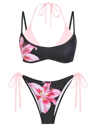 Image of ZAFUL Women's Polka Dot Bikini Set Double Layer Halter Swimsuit Colorblock Side Tie 2 Piece Bathing Suit