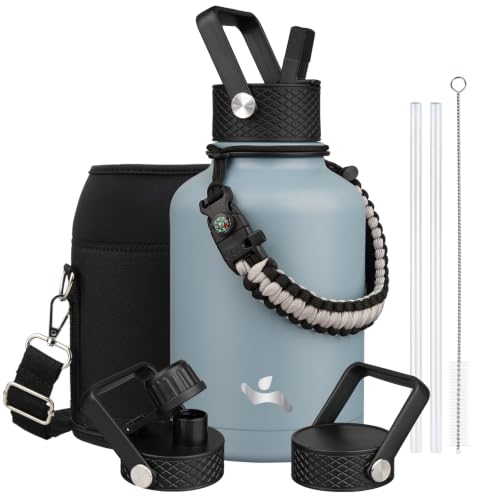 Image of Konokyo Insulated Water Bottle with Straw,50 oz 3 Lids Water Jug with Carrying Bag,Paracord Handle,Double Wall Vacuum Stainless Steel Metal Flask,Storm Blue