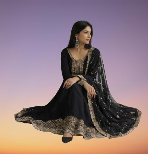 Image of Women Omkar Textile's Georgette Anarkali Gown with Dupatta Set, Embroidered, Wedding, Floor Length