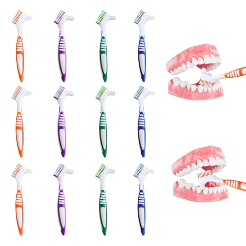 12 cepillos de dientes para prótesis con doble cara, cerdas duras multicapa, mango ergonómico antideslizante, limpiador de dentaduras en 4 colores