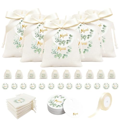 24 Pièces Petits Sacs en Tissu, Boite Dragées de Baptême, avec Merci Sachet Dragées de Mariage, pour Bapteme Mariage Anniversaire