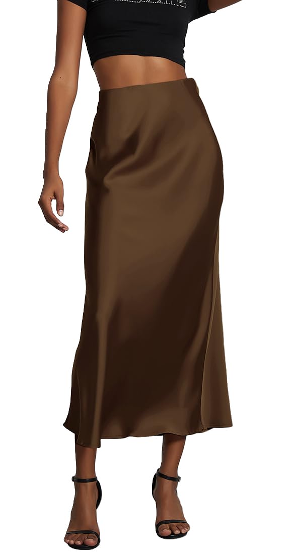OLIPHEE Lange rok voor dames, satijnen rok, hoge taille, elastisch, satijnen jurk, strakke rok, effen, rok, casual, chic, elegant, avondjurk, 1 x Blauw, S