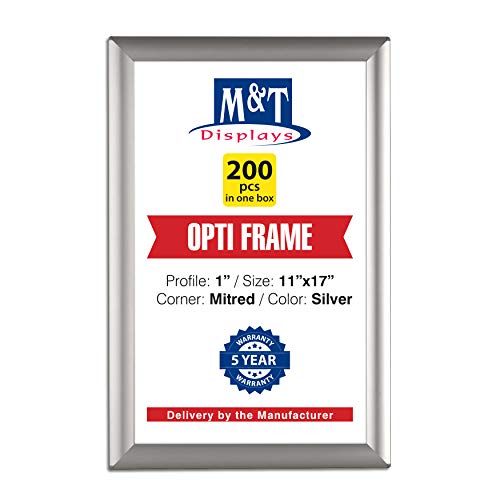 M&T Displays Opti Snap Poster Frame 11x17 Inch Silver 1" Aluminum Profile Front Loading Wall Mounting Photo Picture Document Certificate Sign Holder Mitered Corner Anti Glare Cover (200 pack)
