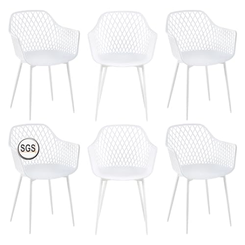 buybyroom Juego de 6 sillas de jardín para exteriores con reposabrazos, sillas reclinables, sillas de jardín, 120 kg, color blanco