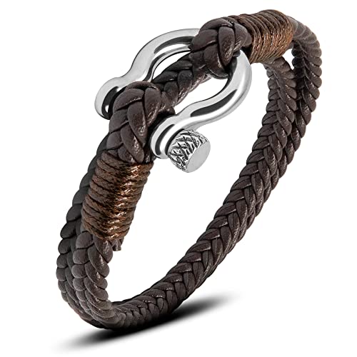 OAST Leather Bracelets for Men Women, Multiple Size Nautical Anchor Bracelet with Stainless Steel Anchor Shackle, Durable Mens Leather Bracelet Handmade Gift for Family, Friends, Leather, no gemstone