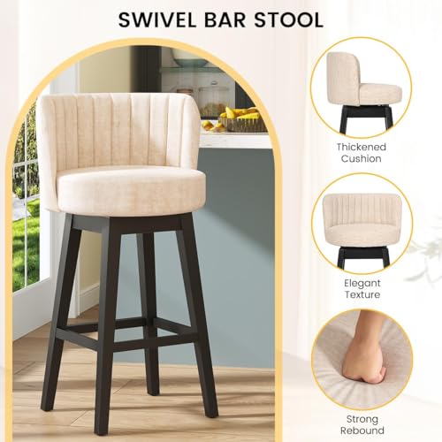 Image of COCO DESIGN Swivel Bar Stools Set of 4, 24 inch Counter Height Mid Century Modern Barstools with Back, Velvet Upholstered Seat and Solid Wood Legs, for Bar Kitchen Island, Cream Beige