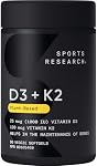 Sports Research® Vitamine D3 + K2 w/Coconut MCT Huile - Vitamine D végane 1000iu (25mcg) & Mk-7 Vitamine K 120mcg - Certifié végétalien · Non-OGM · Sans soja - 90 Mousselines