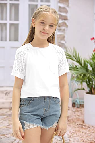 Image of Girls Summer Short Sleeve Shirts Lace Casual Cute Crew Neck Solid Color Blouses Tops Sizes 6-15 Years