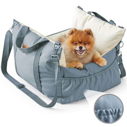 Best Dog Car Seats for Safe and Comfy Travels with Your Pet 8 ChiXnuggle Dog Car Seat for Small Dogs, Waterproof Dog Booster Car Seat with Clip-On Leash,Detachable dog carseat with Thickened Memory Foam Filling,Leathaire Pet Car Seat Up to 25lbs, Cream&Grey Blue