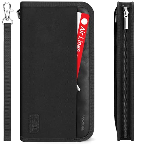 Looxmeer Portadocumentos para Viaje, Cartera de Pasaporte Familiar con RFID, Funda Pasaporte Grande para Hombre y Mujer, Organizador de Documentos Billetes Avión Tarjetas, Negro