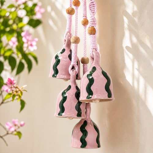 Image of Mundane | Macrame Bell Hanging with Handpainted Ceramic Bells | Wall & Balcony Home Decor (Pink Macrame- Gulabo)