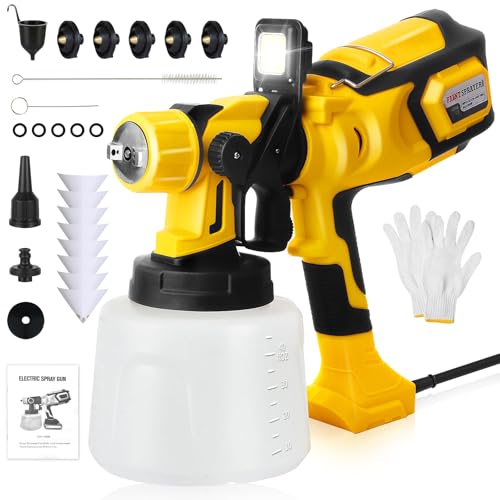 Pistola de Pintura HVLP 1000W, Pistola de Pintura Eléctrica con Tanque de 1400ml, 5 Boquillas de Latón, Luz LED, Flujo Ajustable y Ángulo de Pulverización para Pintar Paredes y Techos